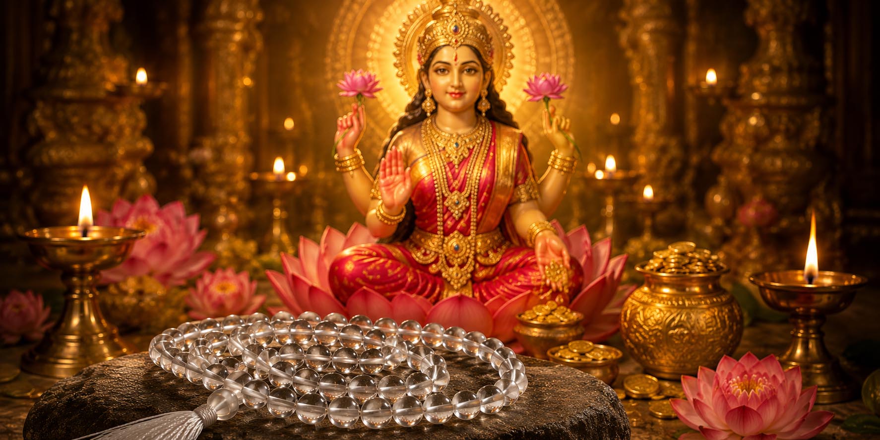 Sphatik Mala placed beside a Mahalakshmi idol on a puja thali with marigold flowers and a lit diya