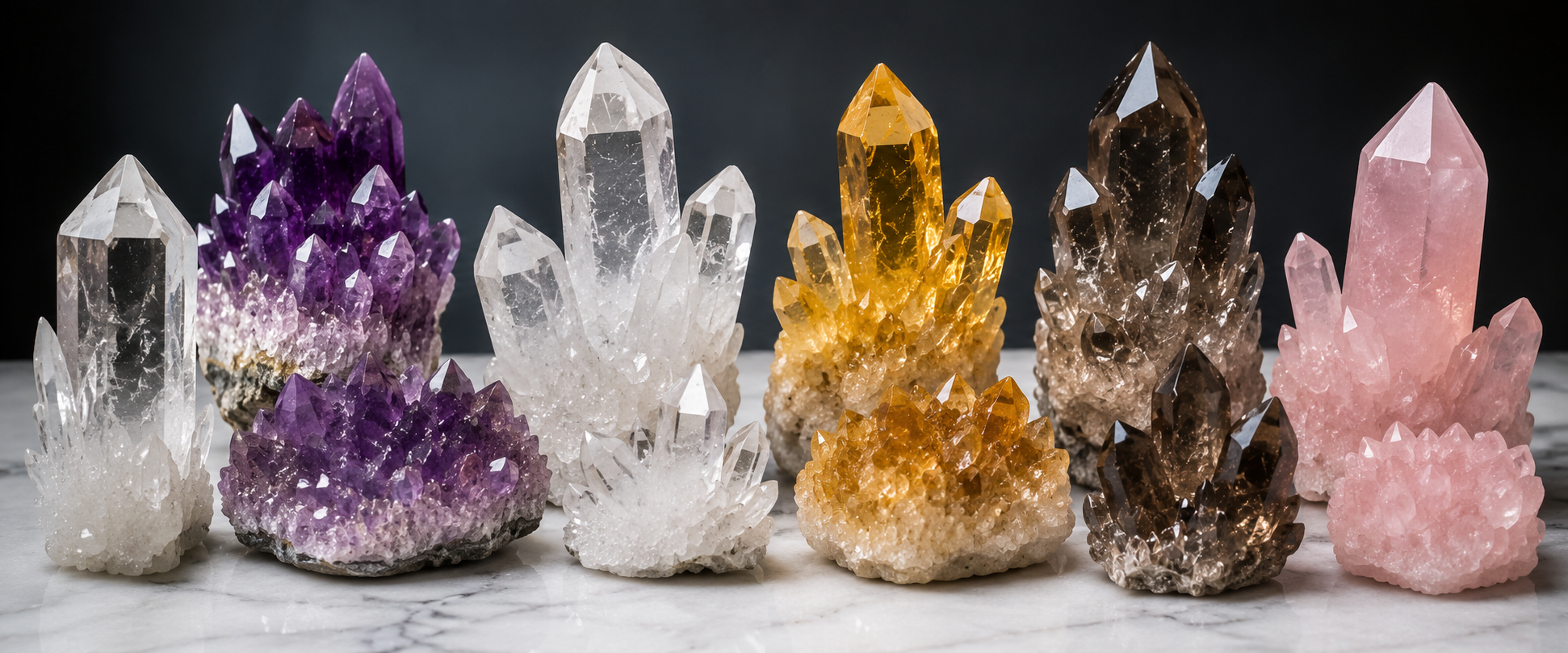 A clear quartz crystal point resting on a neutral surface