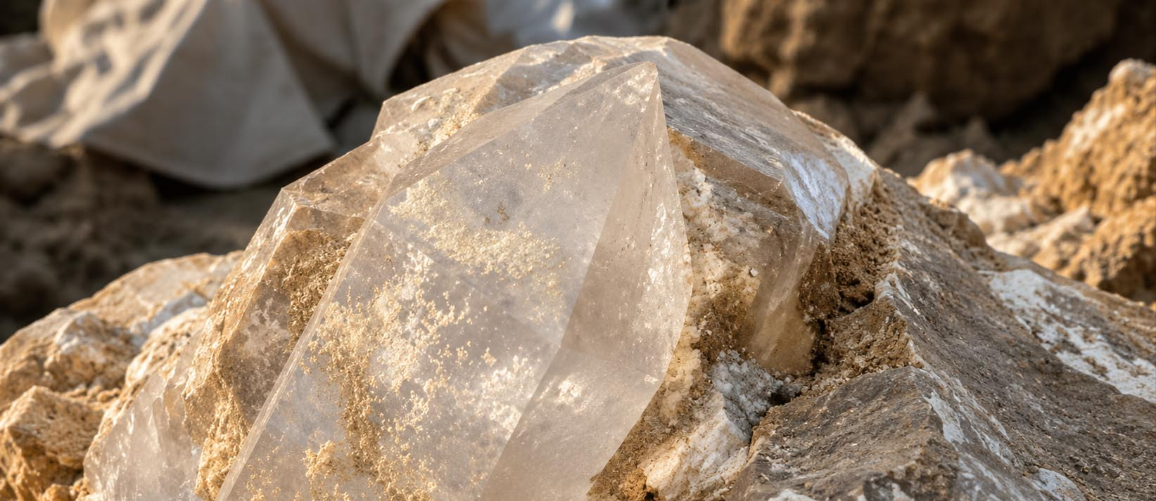 Cluster of natural clear quartz crystals showing hexagonal points