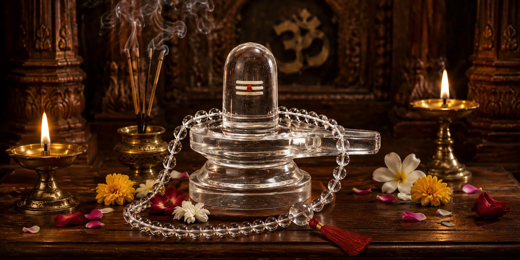 Natural Sphatik crystal mala and Shivling placed on a wooden altar with incense and flowers