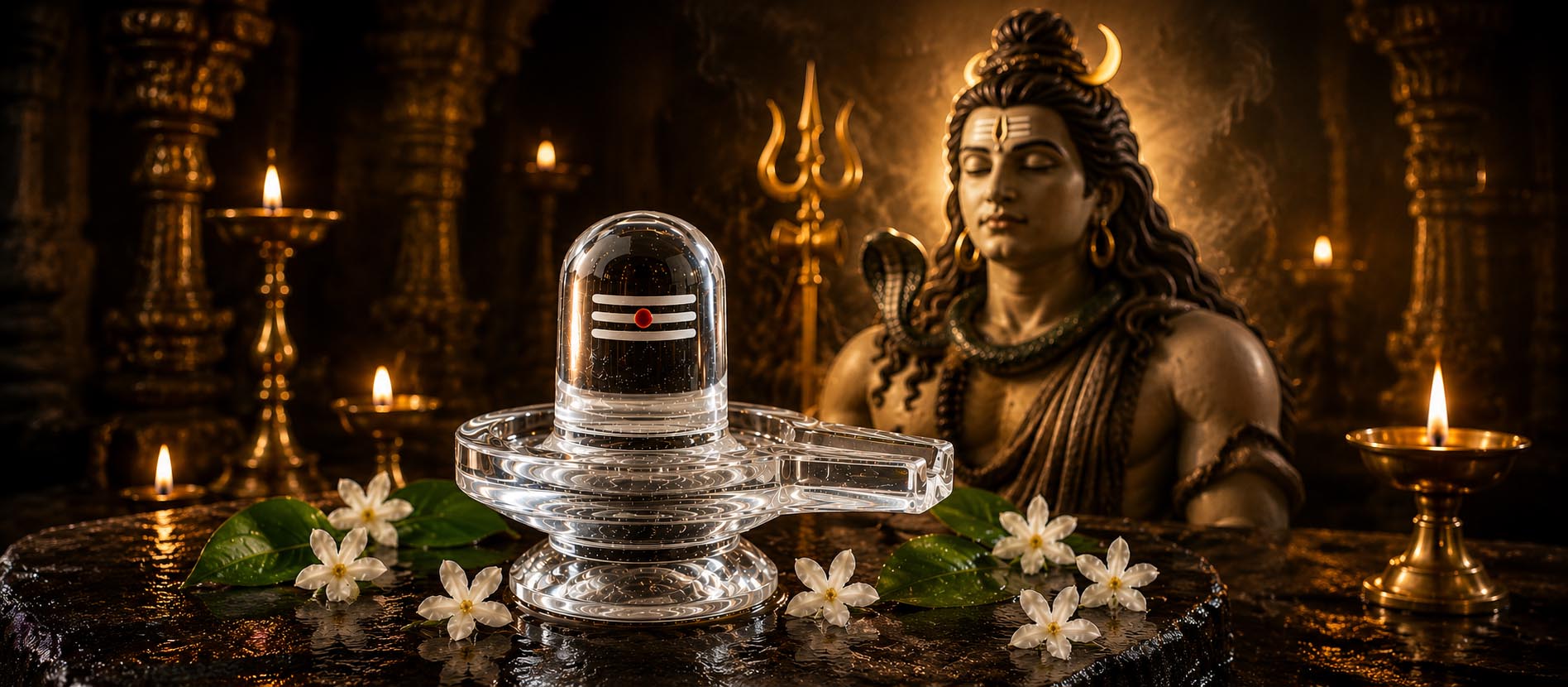 A Sphatik Shivling resting on a clean white cloth with fresh flowers around it