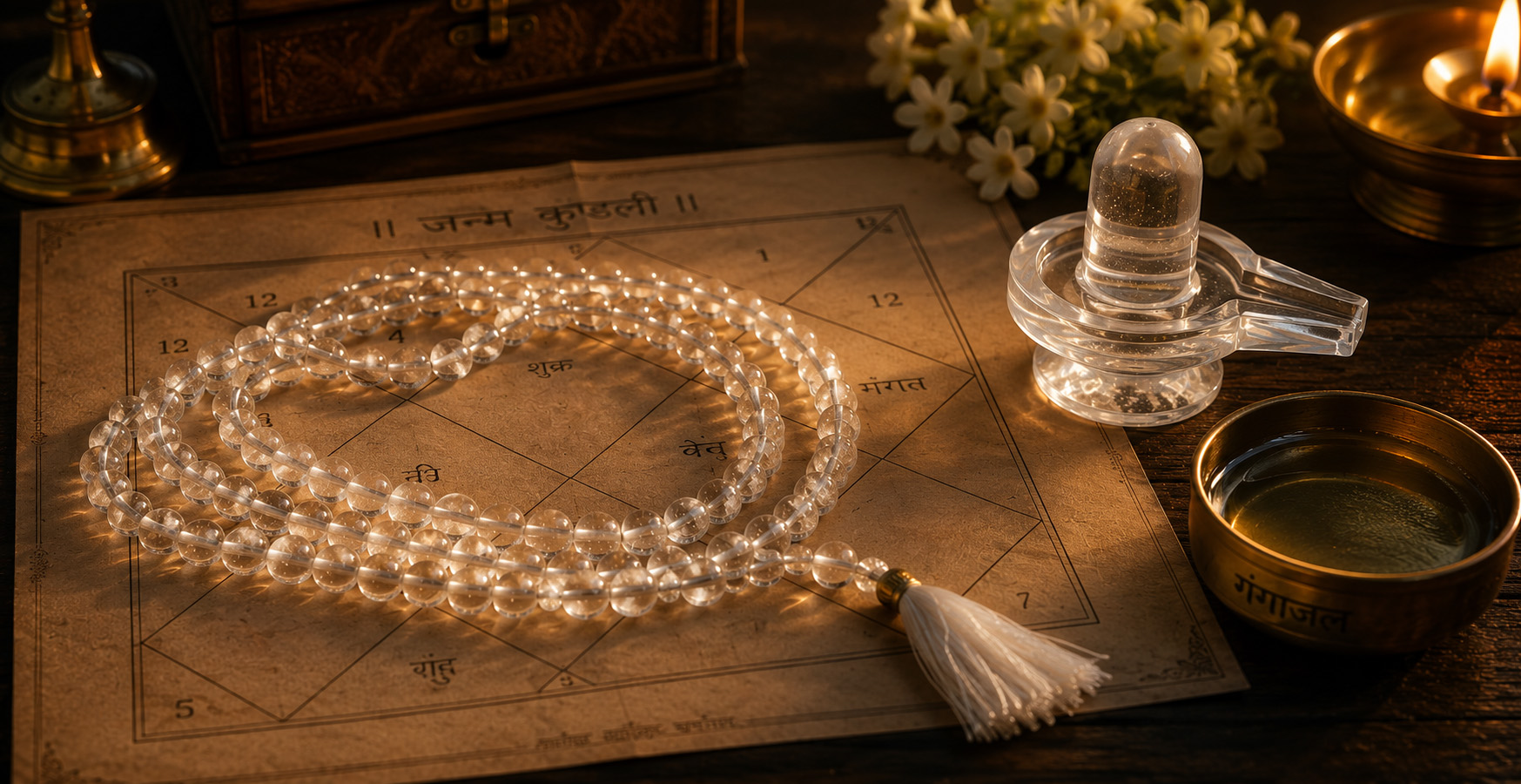 Sphatik Mala placed in a puja incense and flowers