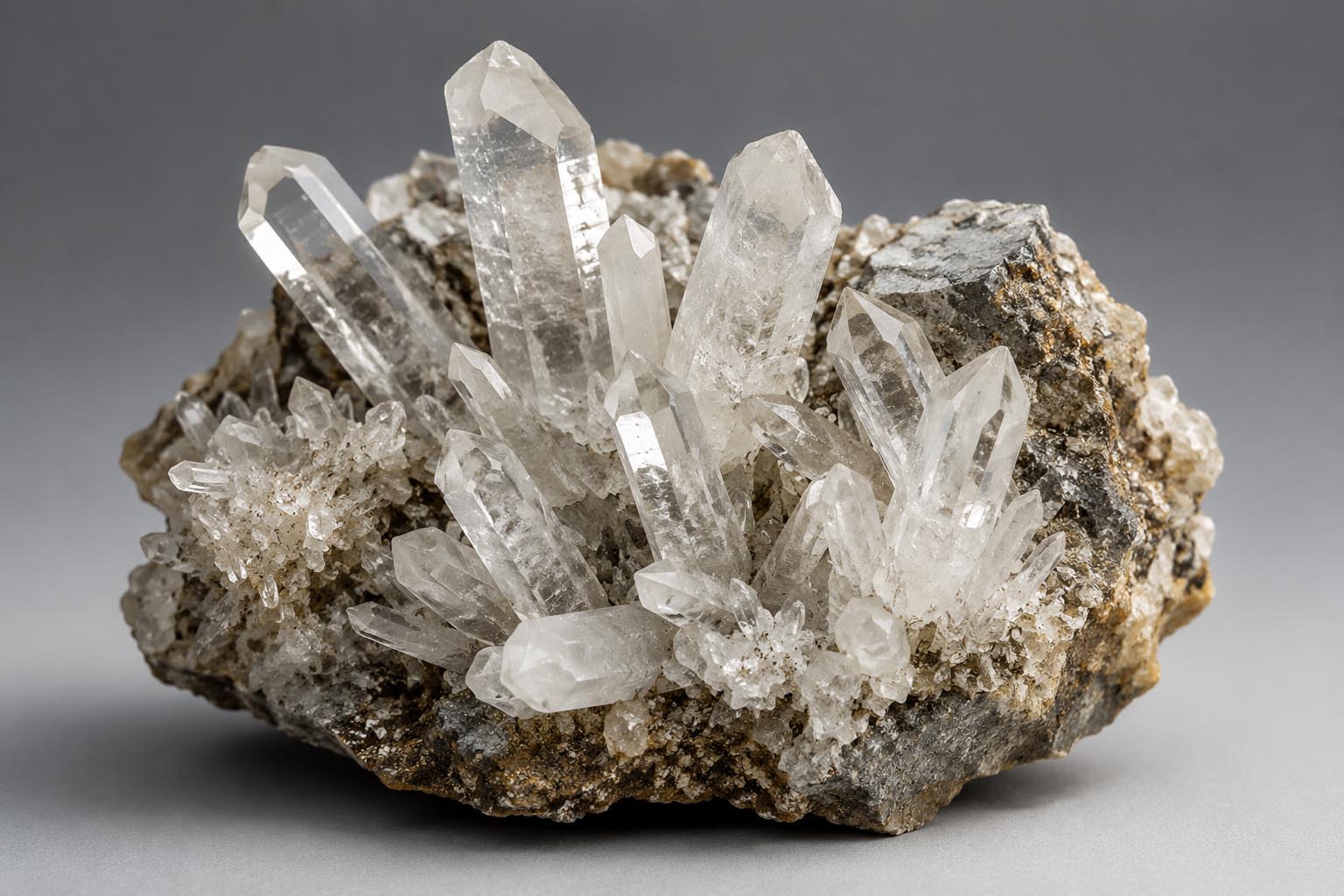 Natural quartz crystal cluster on rock matrix with hexagonal terminations