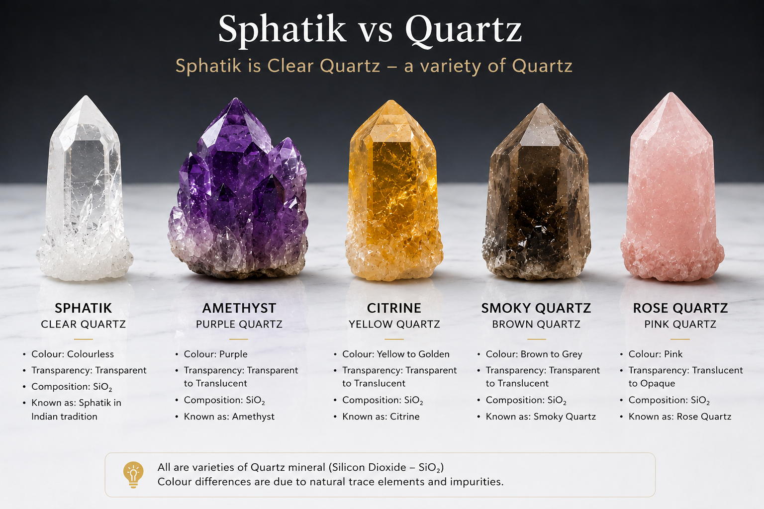 Amethyst, citrine, and smoky quartz shown alongside clear quartz