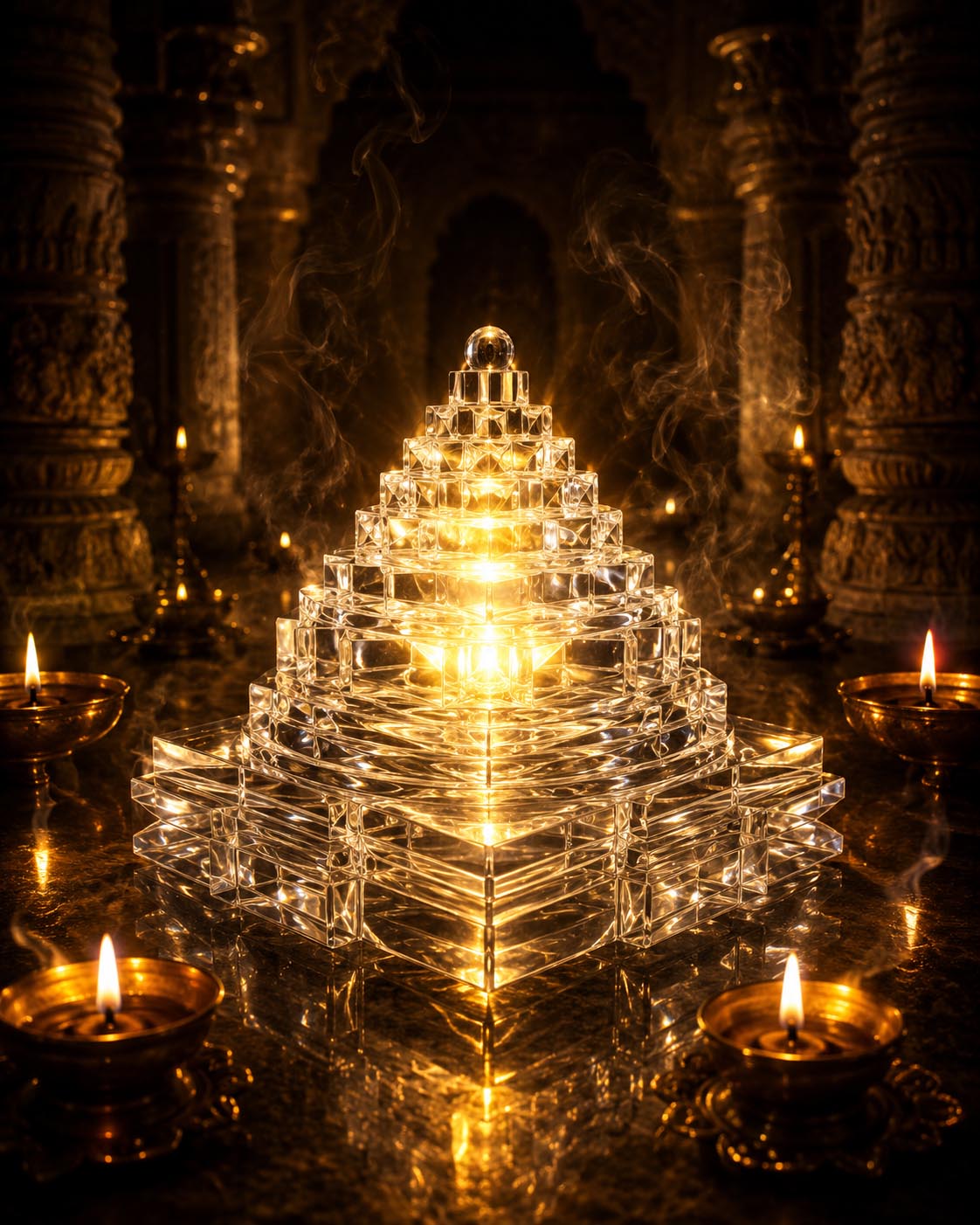 Close-up of a natural clear quartz Sphatik Shivling on a brass puja plate