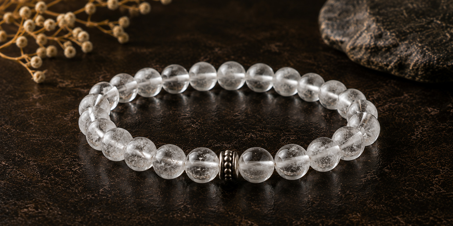 Natural Sphatik bracelet with visible bead variations in minimal editorial styling