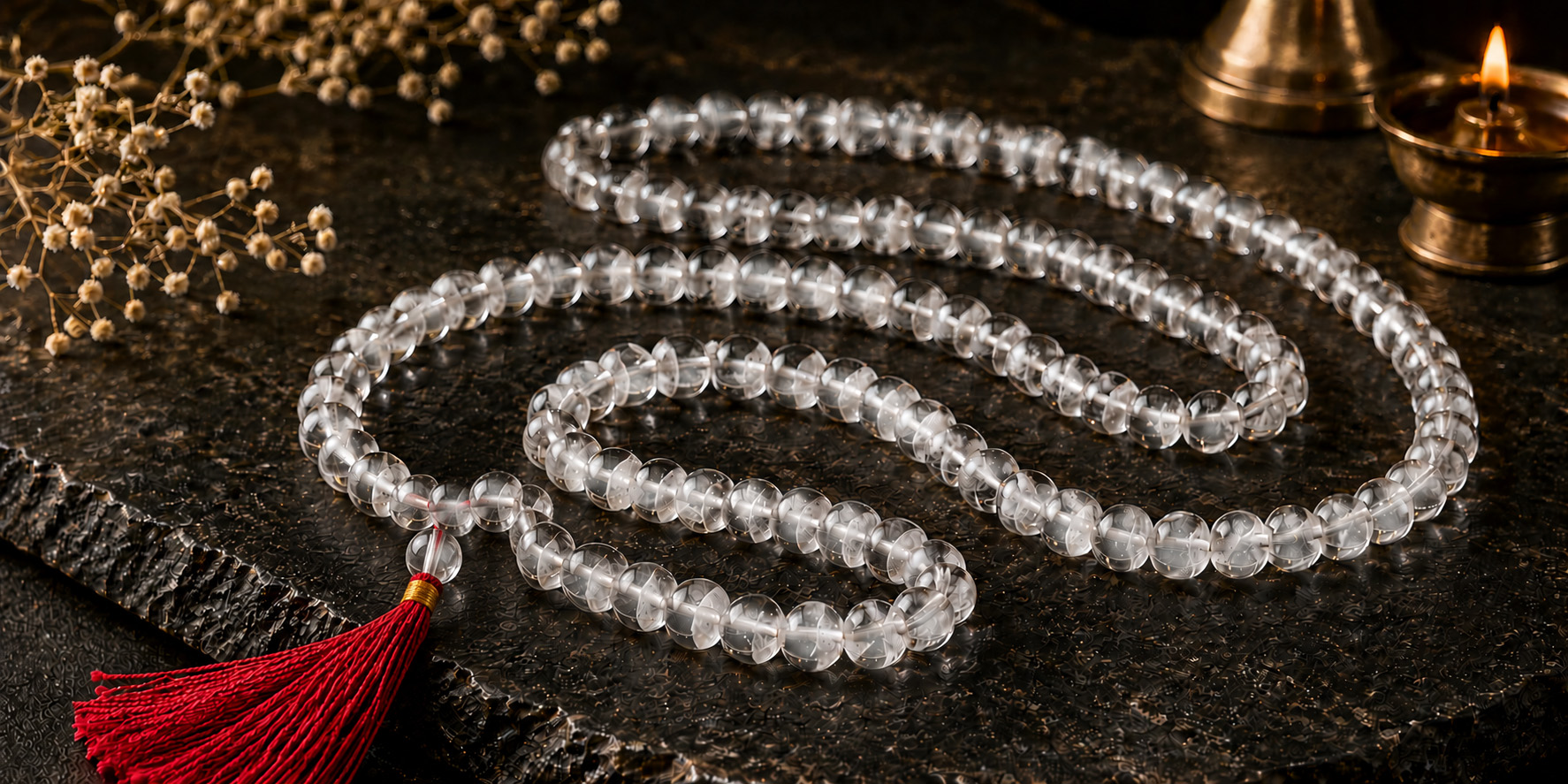 Premium Sphatik mala with natural beads showing inclusions and warm editorial lighting