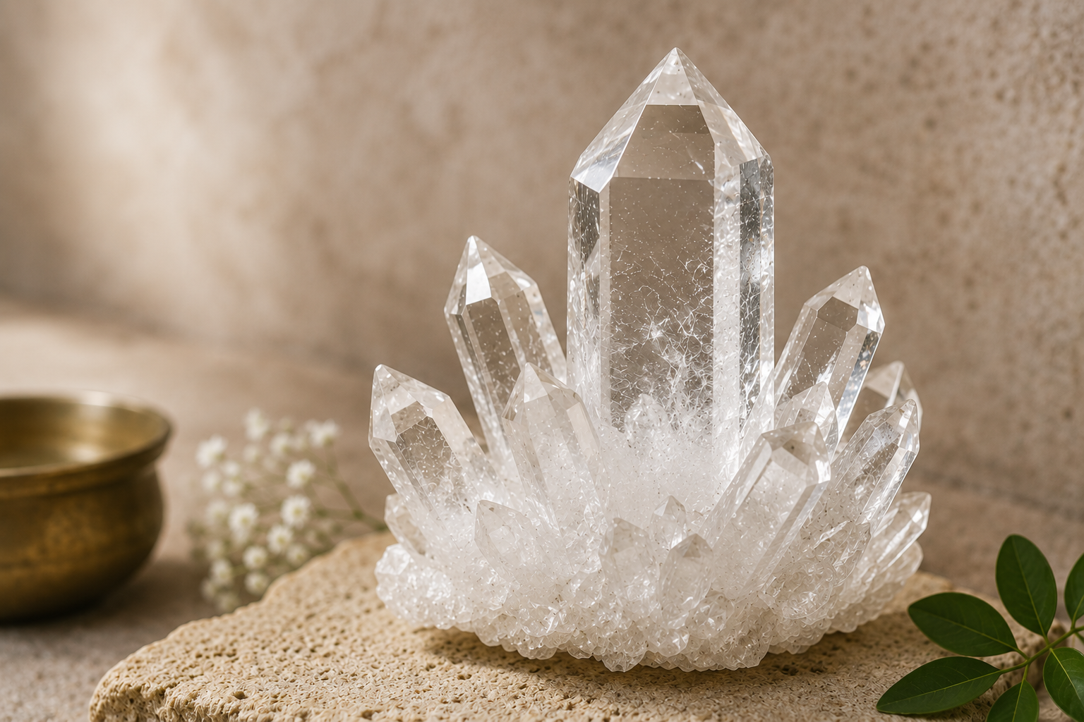 Natural clear quartz crystal cluster on sandstone